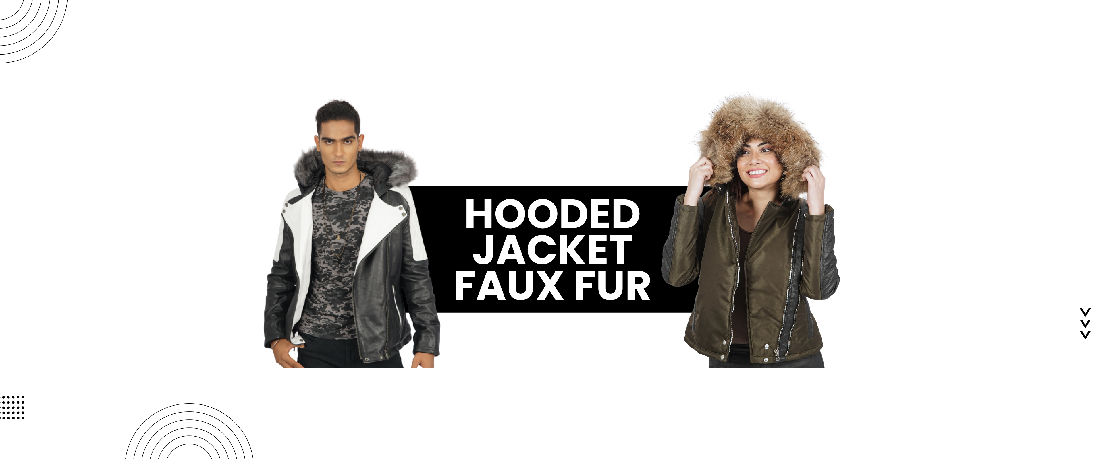 Man and woman wearing hooded faux fur jackets with front zipper and fur trim