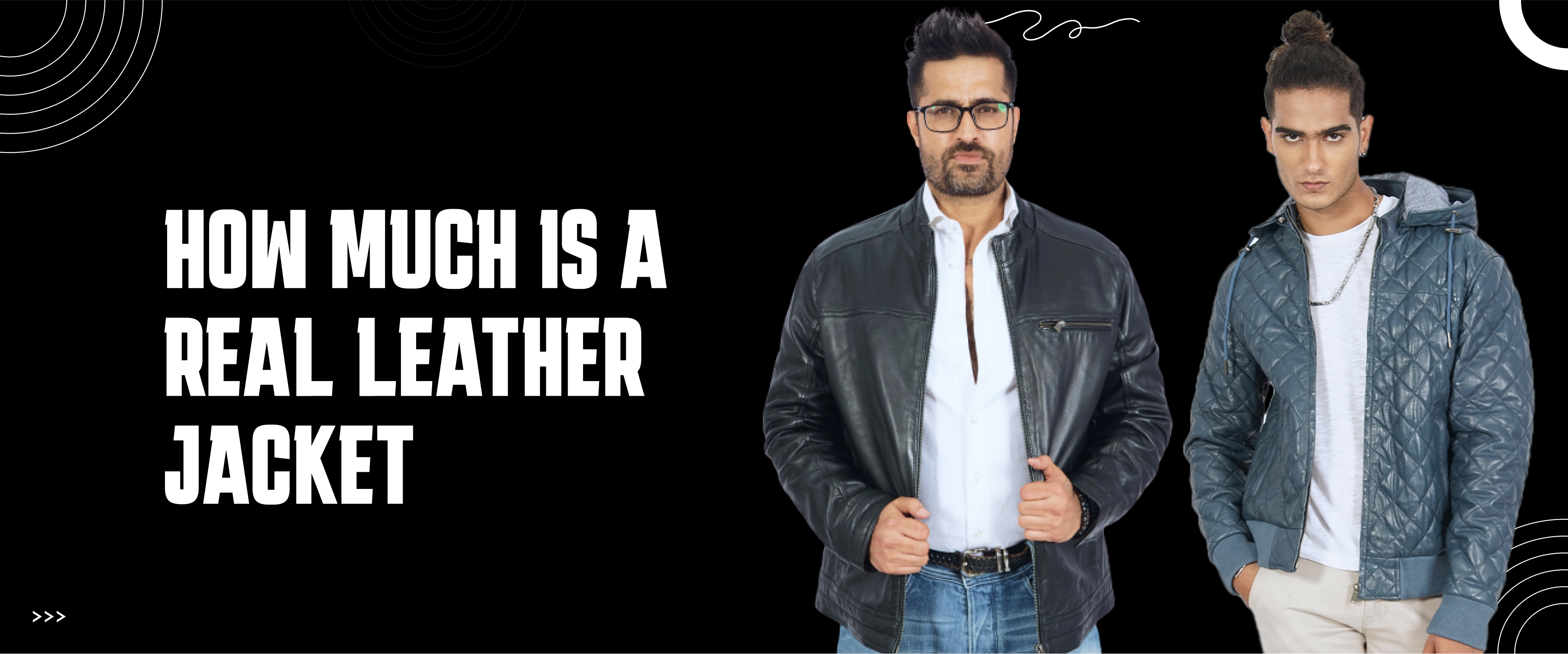 Two men modeling real leather jackets, one in black biker style, one in quilted blue, on black background