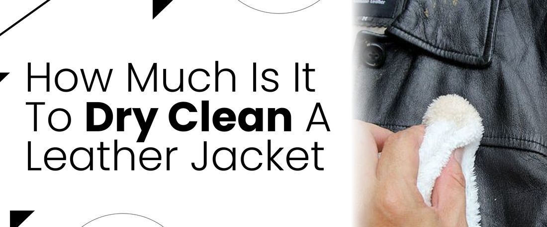 Hand cleaning a black leather jacket with a cloth, cost of dry cleaning text overlay