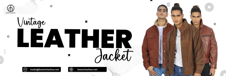Three men modeling vintage leather jackets in brown and tan tones on a modern white background.