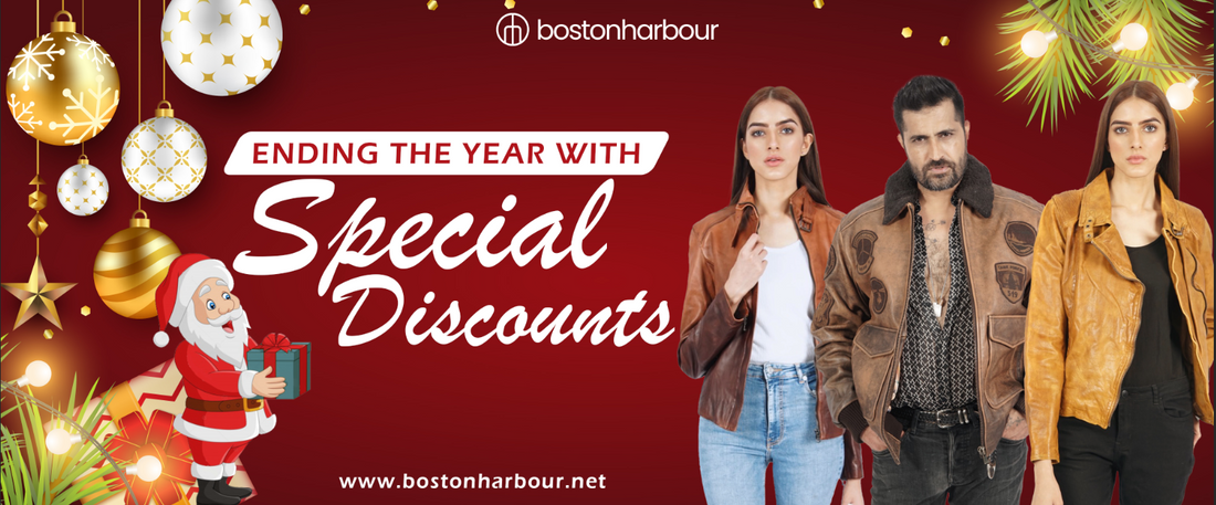 Holiday sale banner with people in luxury leather jackets, festive decor, and special discounts.