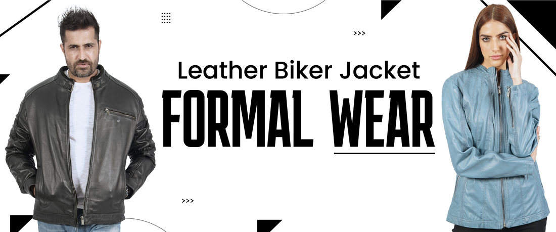 Man in black leather biker jacket and woman in blue leather jacket, formal wear style