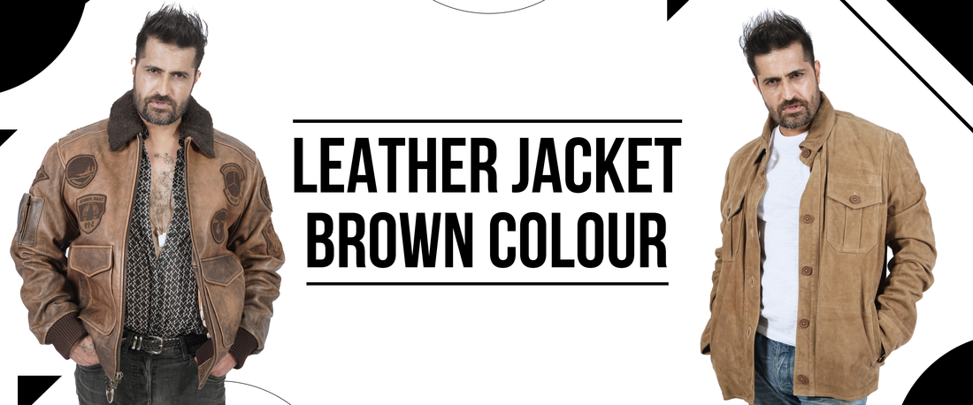 Men modeling stylish brown leather jackets with text 'Leather Jacket Brown Colour' on white background
