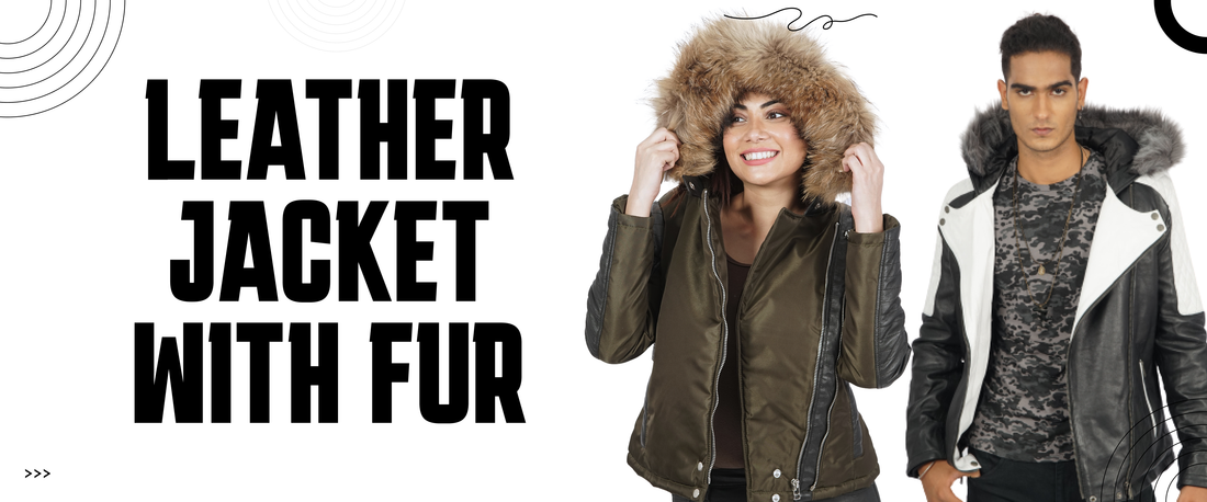 Women’s and men’s leather jackets with fur hood, stylish outerwear fashion