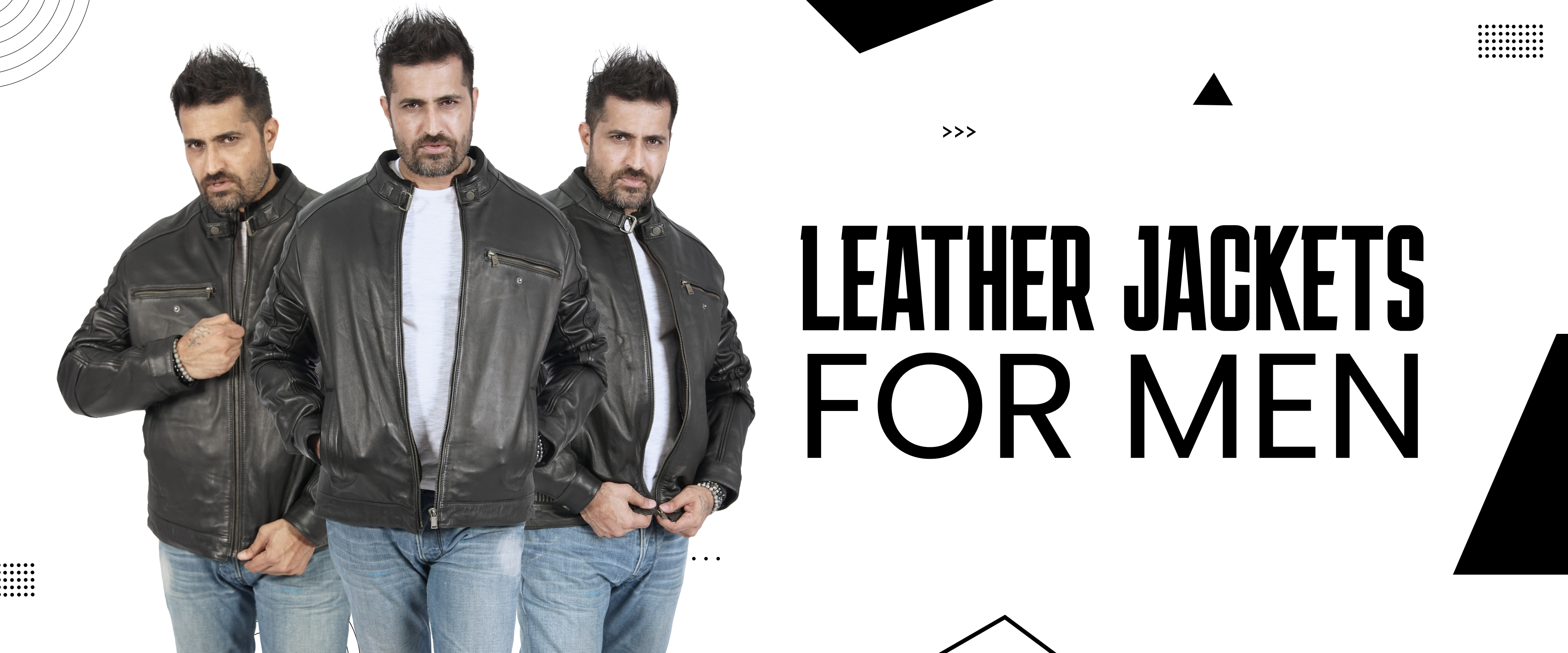 Men wearing black leather jackets with zippers and white shirts, casual fashion style