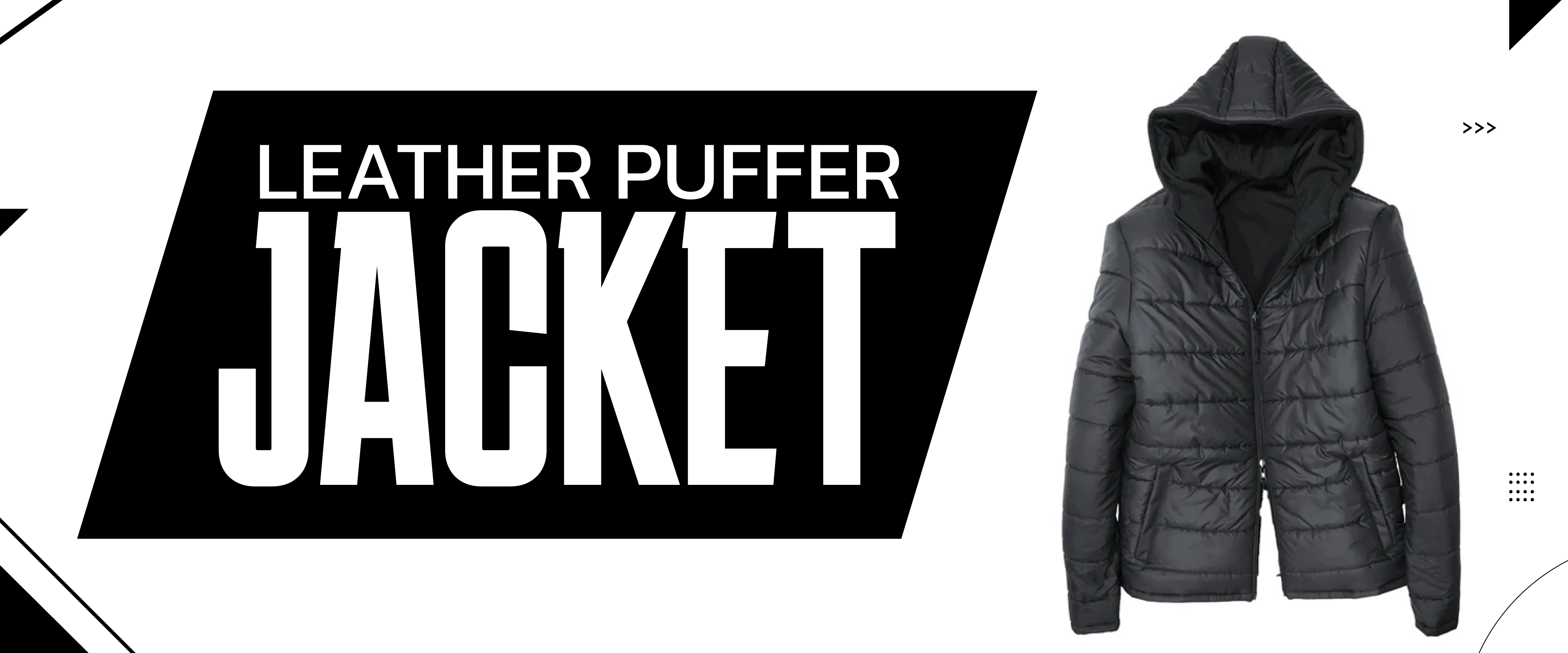 Black leather puffer jacket with hood, modern outerwear for men and women