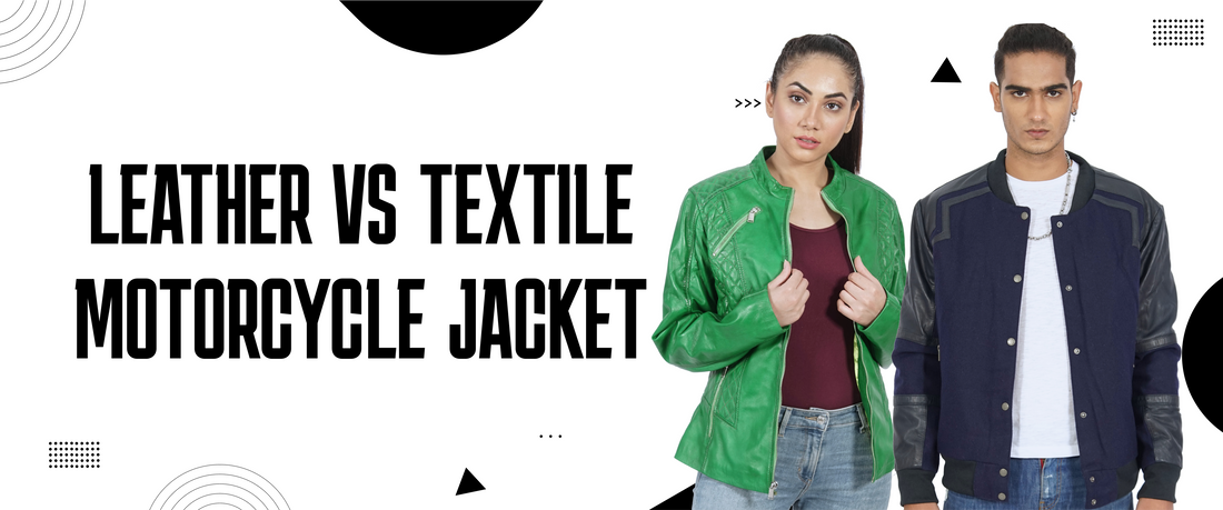 Woman in green leather jacket and man in blue textile motorcycle jacket, side by side