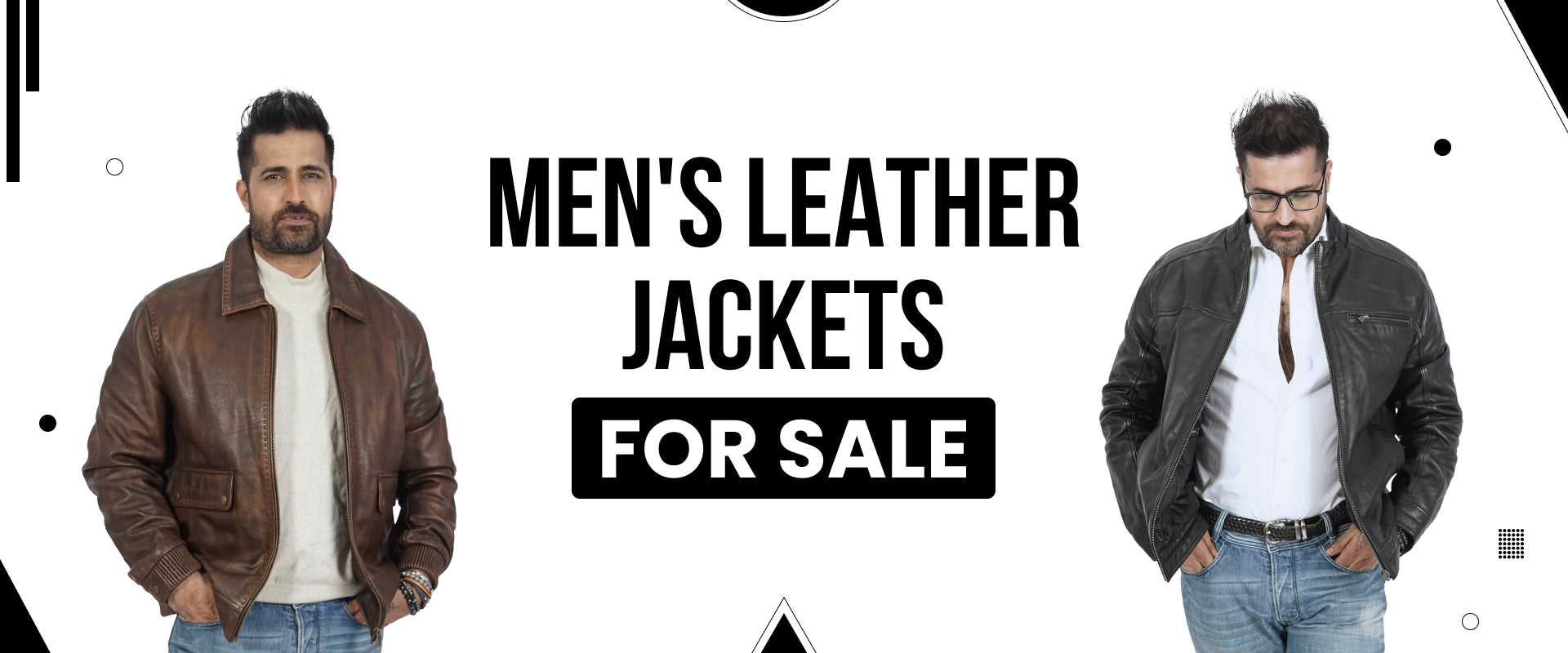 Two men modeling brown and black men's leather jackets with 'Men's Leather Jackets for Sale' text