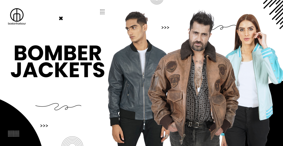 Men and women modeling stylish leather and textile bomber jackets on a white background