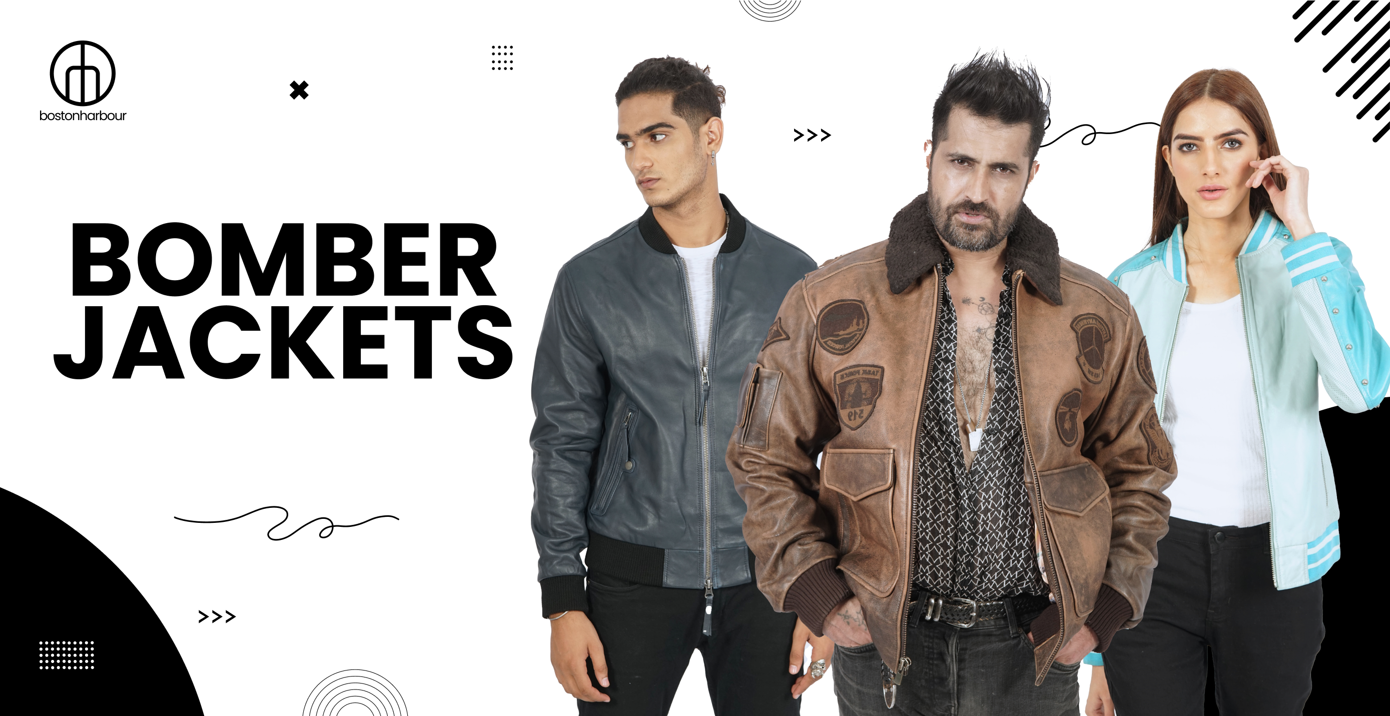 Men and women modeling stylish leather and textile bomber jackets on a white background