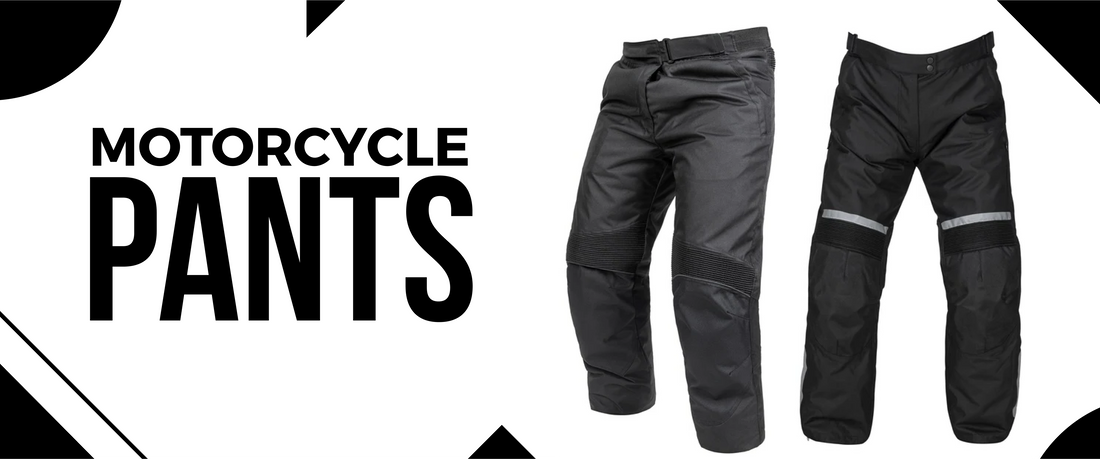 Black motorcycle pants with reinforced knees and reflective details on white background