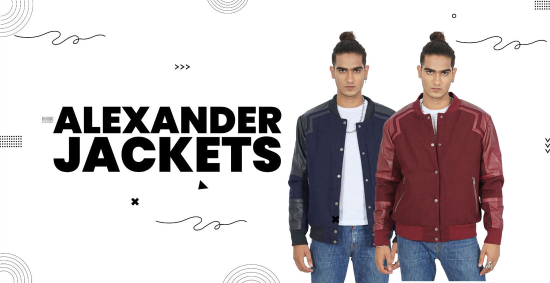 Two men wearing Alexander jackets in navy blue and burgundy with bold text, casual outerwear style
