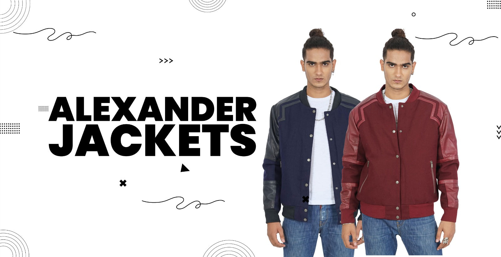 Two men wearing Alexander jackets in navy blue and burgundy with bold text, casual outerwear style