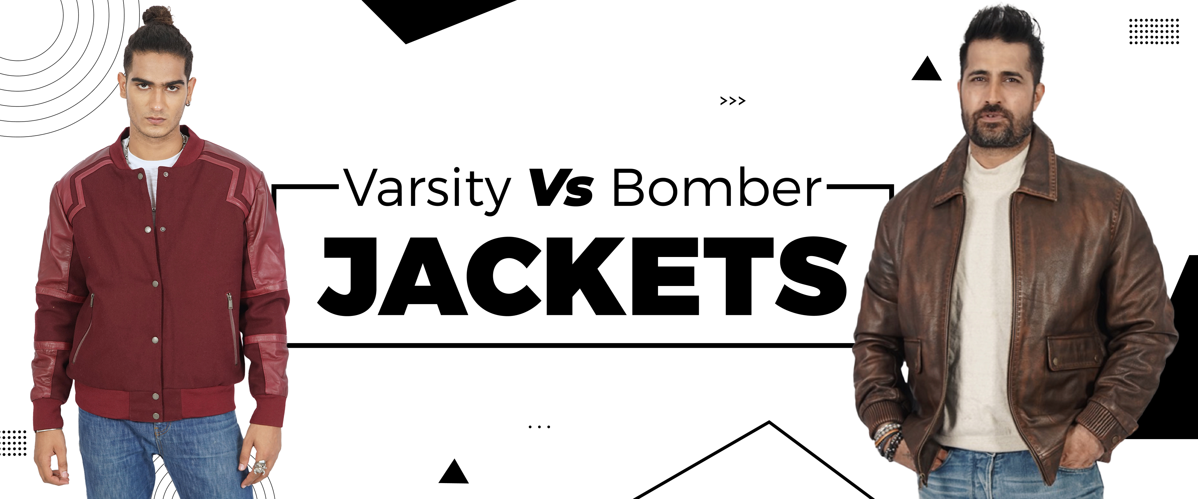 Varsity jacket vs bomber jacket comparison, featuring two men in different outerwear styles