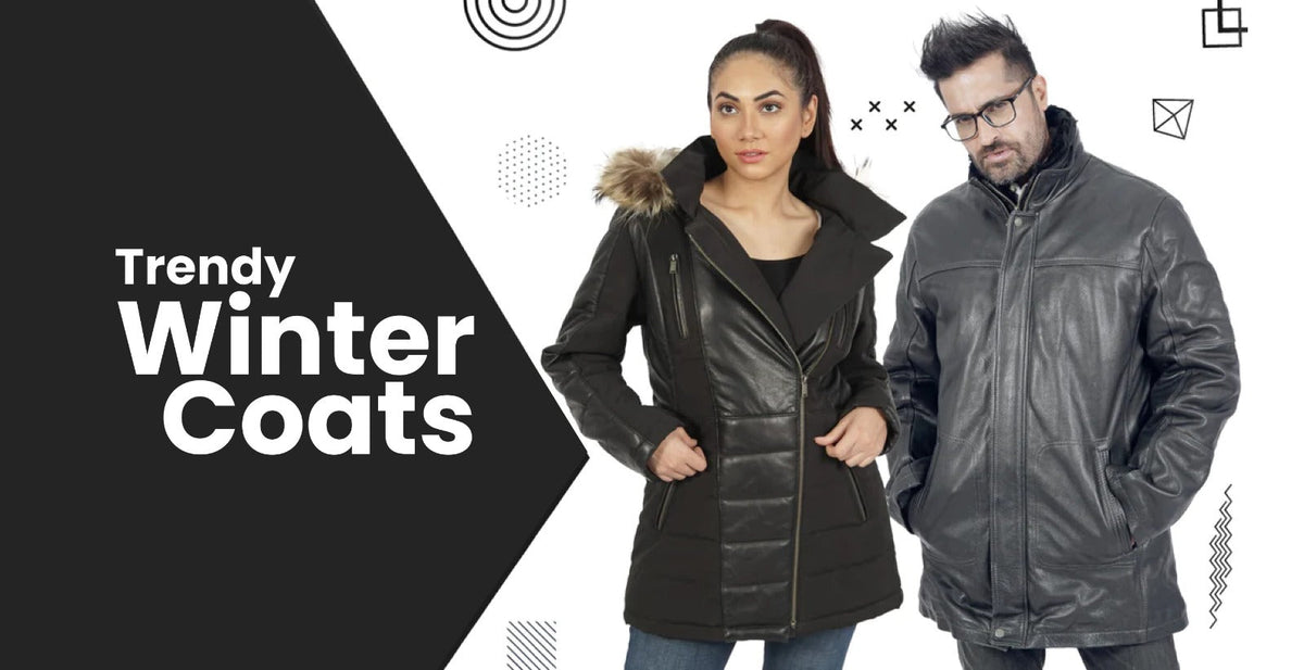 Man and woman modeling stylish black winter coats, one with faux fur hood, on white background