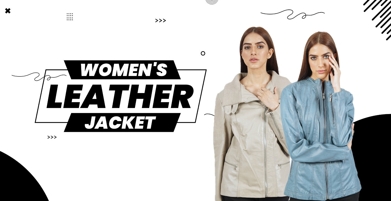 Two women modeling beige and blue leather jackets on stylish white background with bold text 'Women's Leather Jacket'.