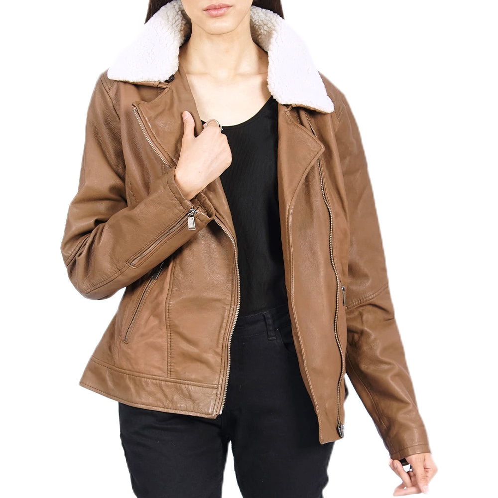 Christena Fleece Lined Zip Up Brown Leather Jacket