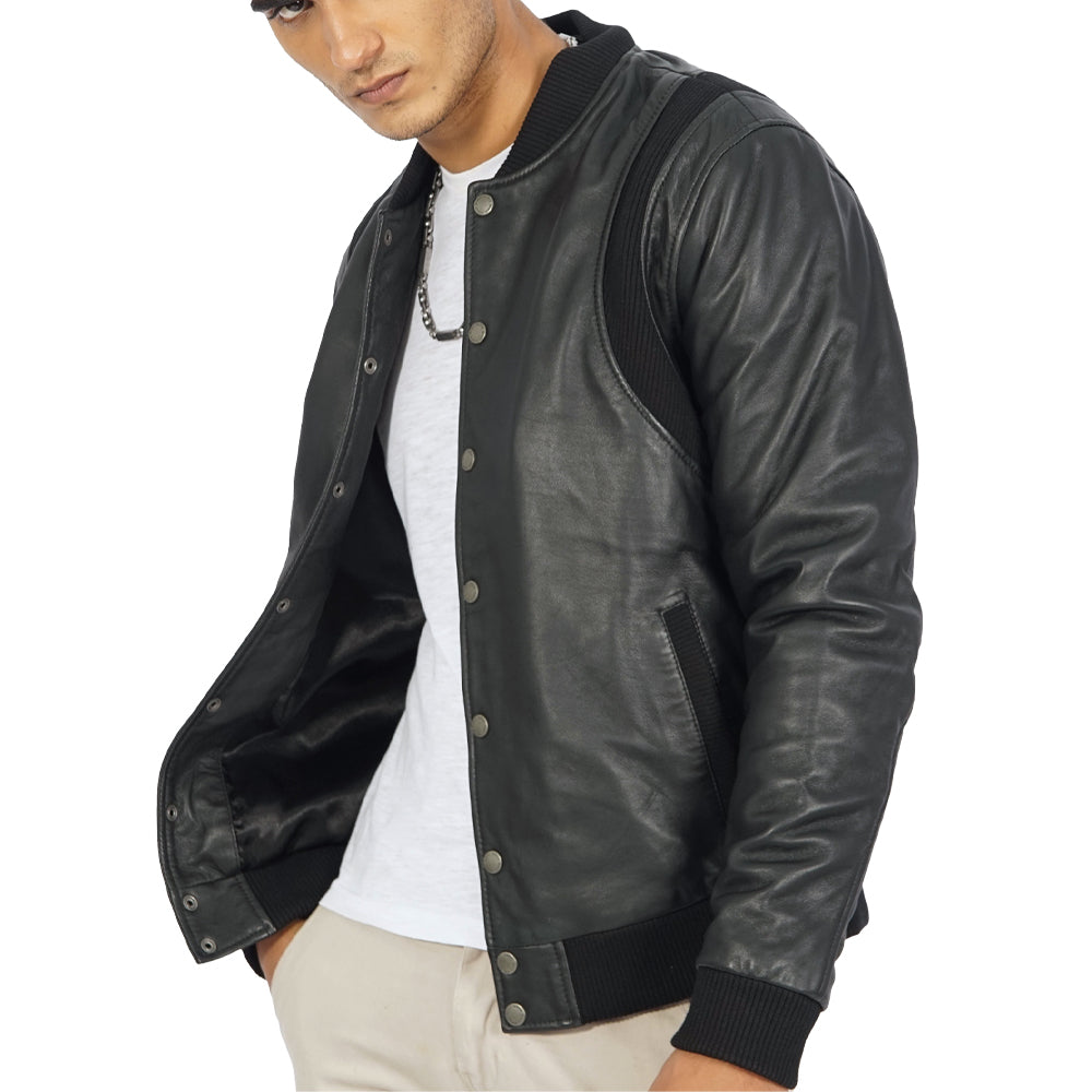 A man showing Charlie Black Leather Bomber Jacket for men