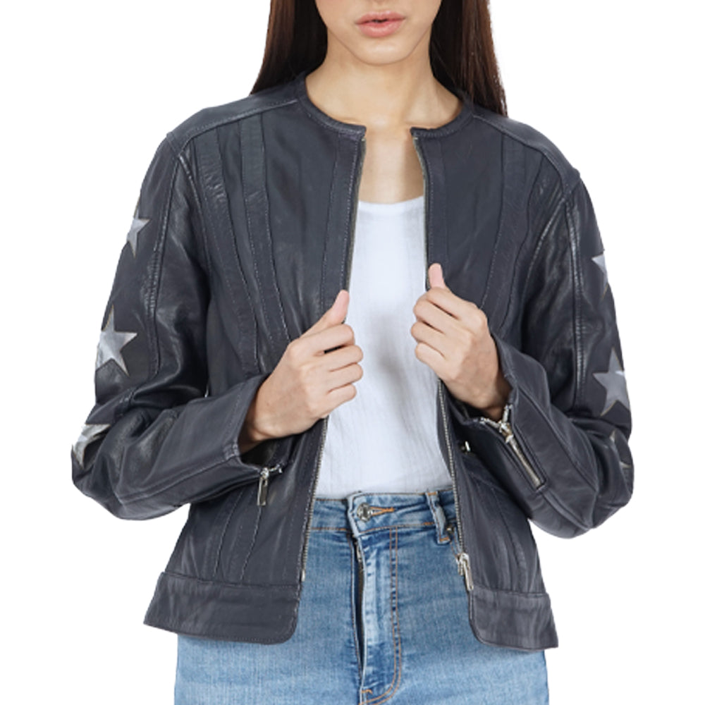 Jenna Star Navy Blue Leather Jacket