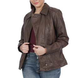 A Women wearing Zipper Brown Leather Jacket
