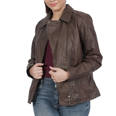 A Women wearing Zipper Brown Leather Jacket