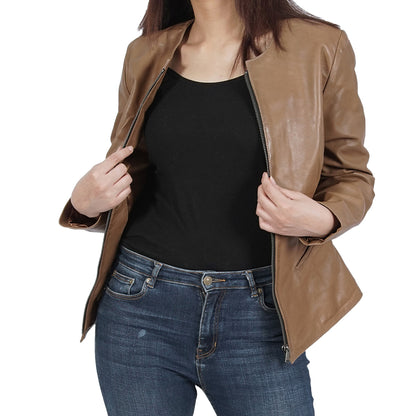 A woman rocking a swag brown leather jacket.