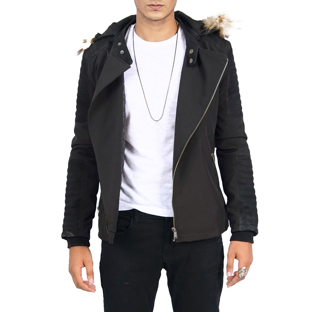 A man sporting the Ekos Faux Fur Hooded Jacket in black.
