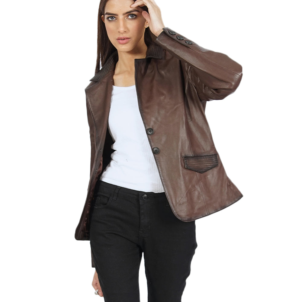 A women wearing a Josie brown leather jacket.