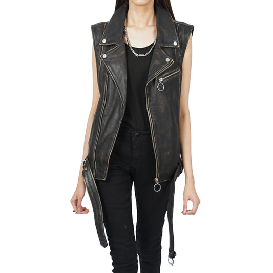 A woman wearing a Ash black leather vest Jacket.