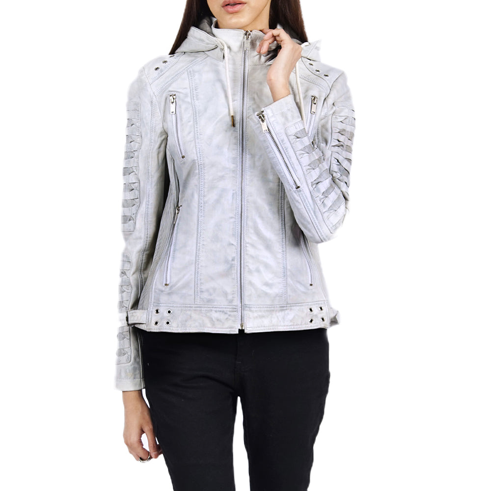 Olivia Hooded White Leather Jacket