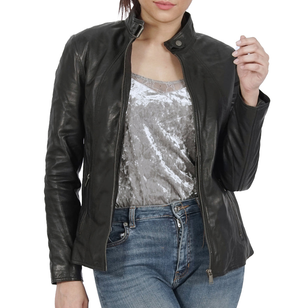 A women wearing Sylvia Biker Black Leather Jacket