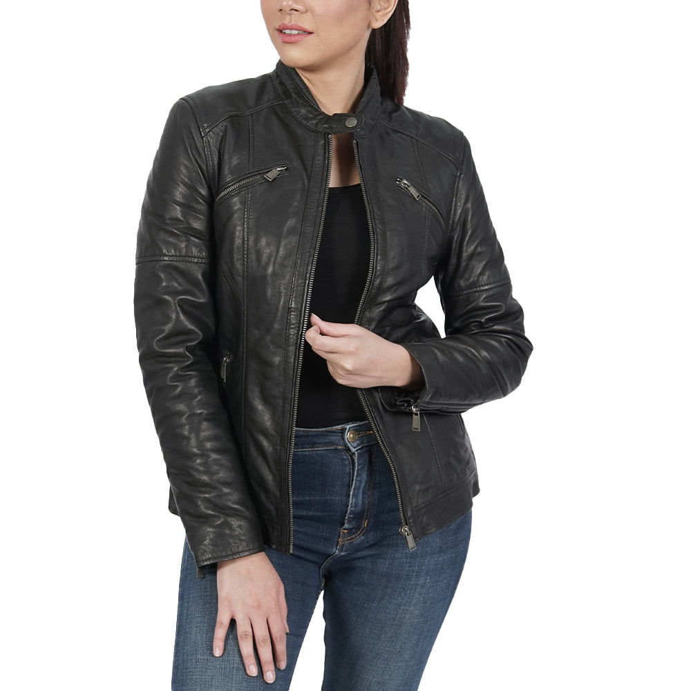 A Women Wearing Miak Biker Black Leather Jacket