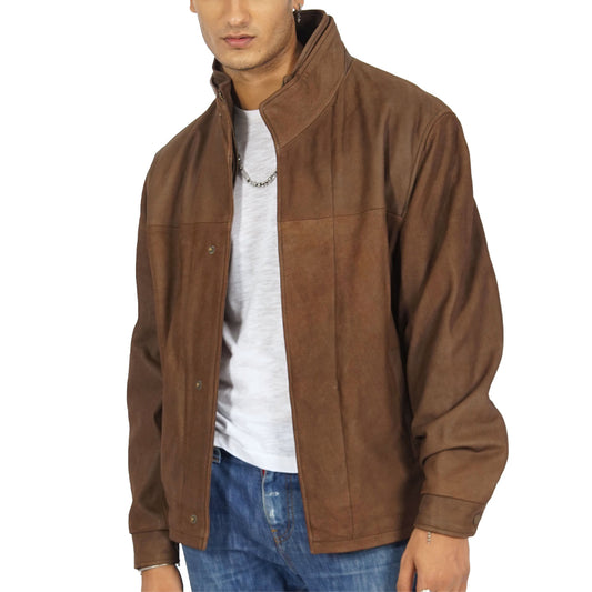 A man in a vintage brown leather jacket.