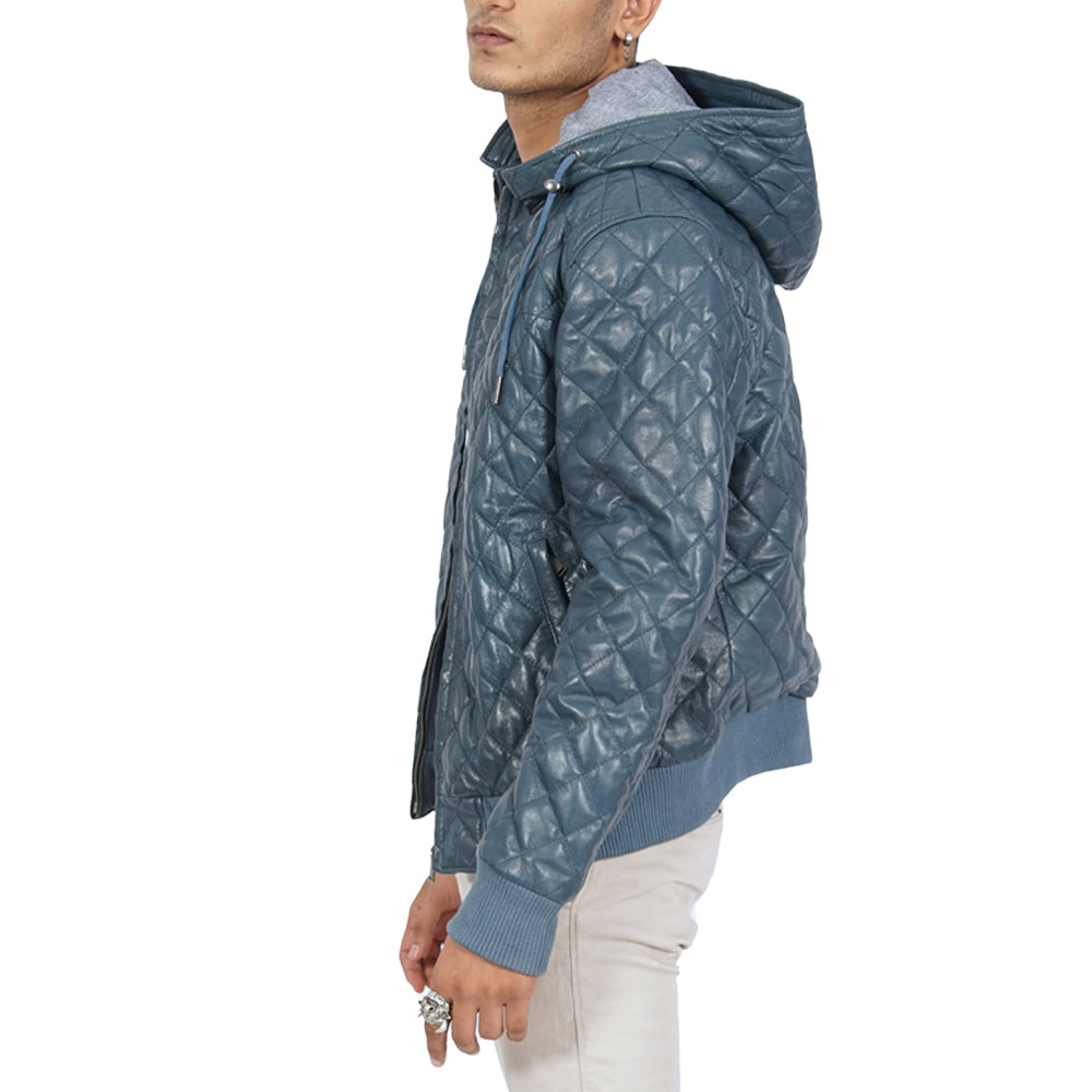 Diamond Quilted Hooded Blue Leather Jacket
