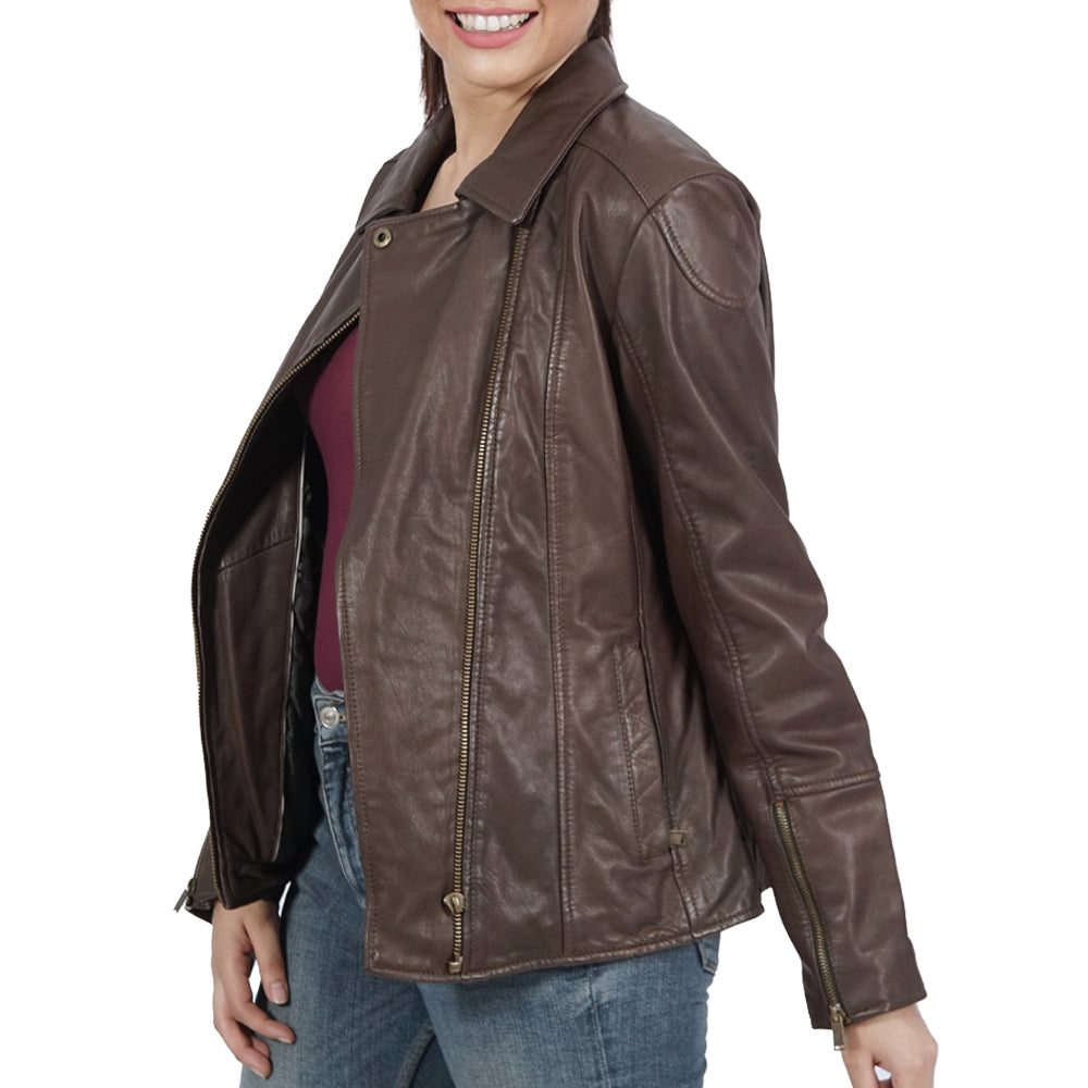 A Women wearing Zipper Brown Leather Jacket