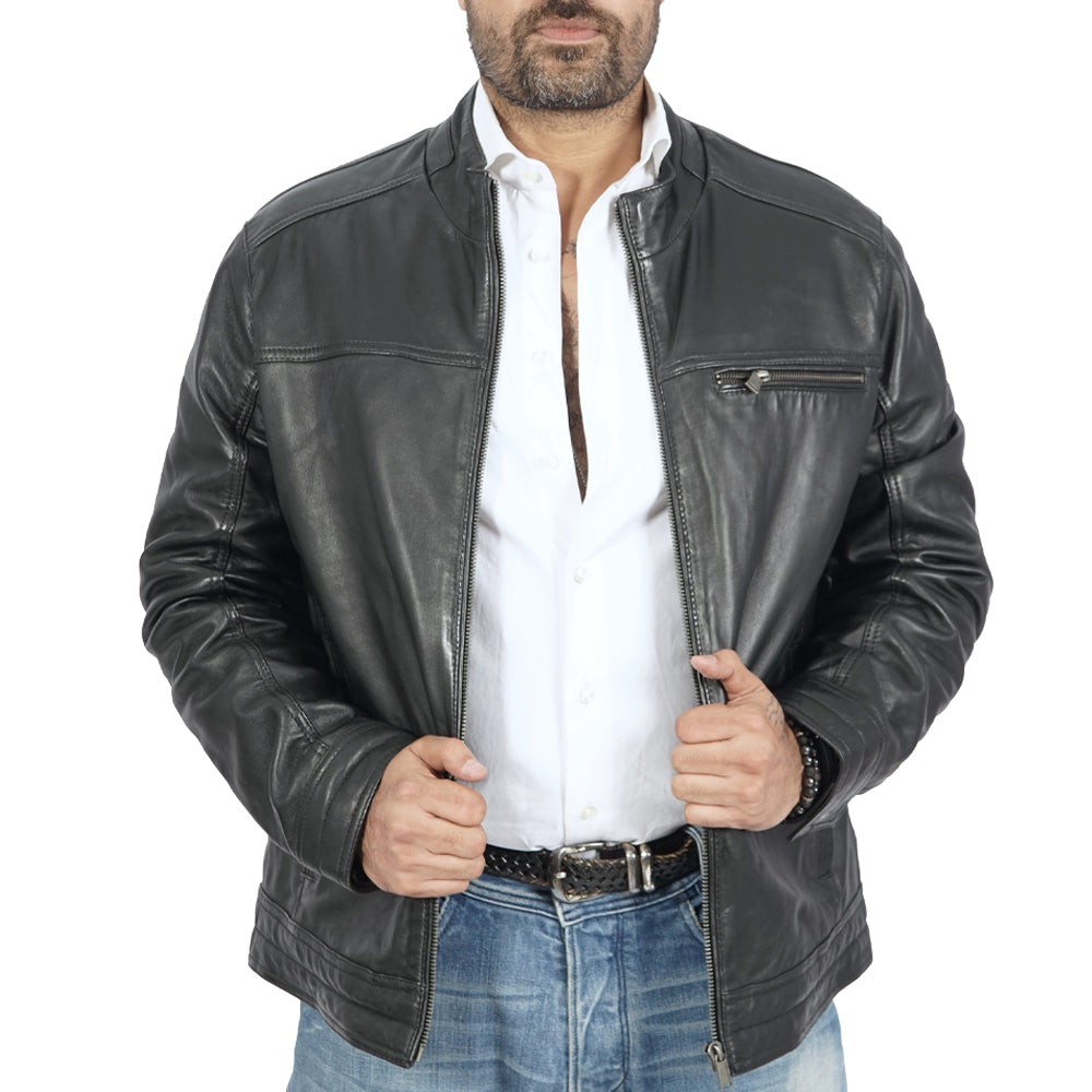 A biker wearing a black leather jacket.