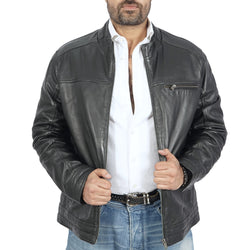 A biker wearing a black leather jacket.