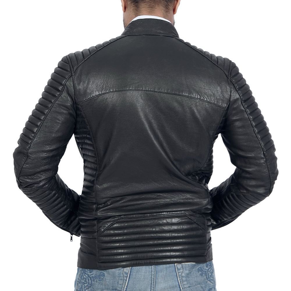 The back view of a quilted black leather jacket