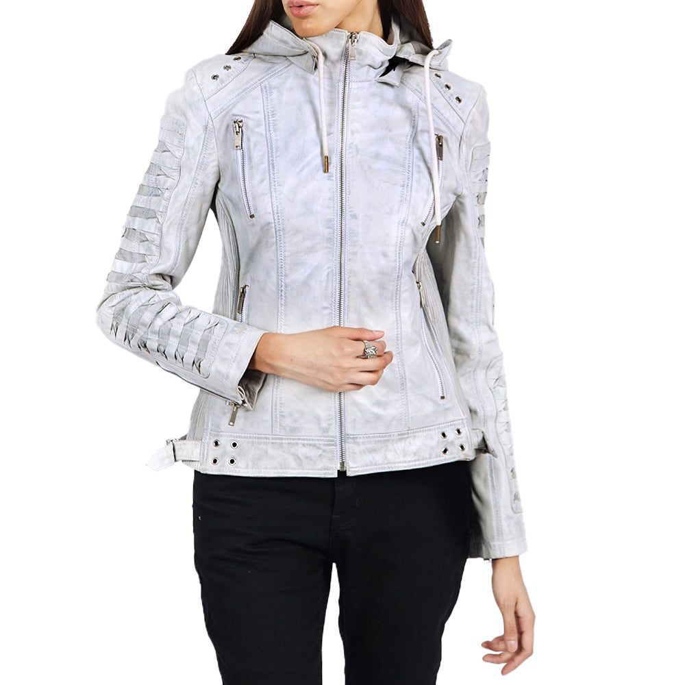 Olivia Hooded White Leather Jacket
