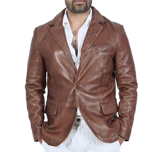 A man wearing a brown leather jacket.