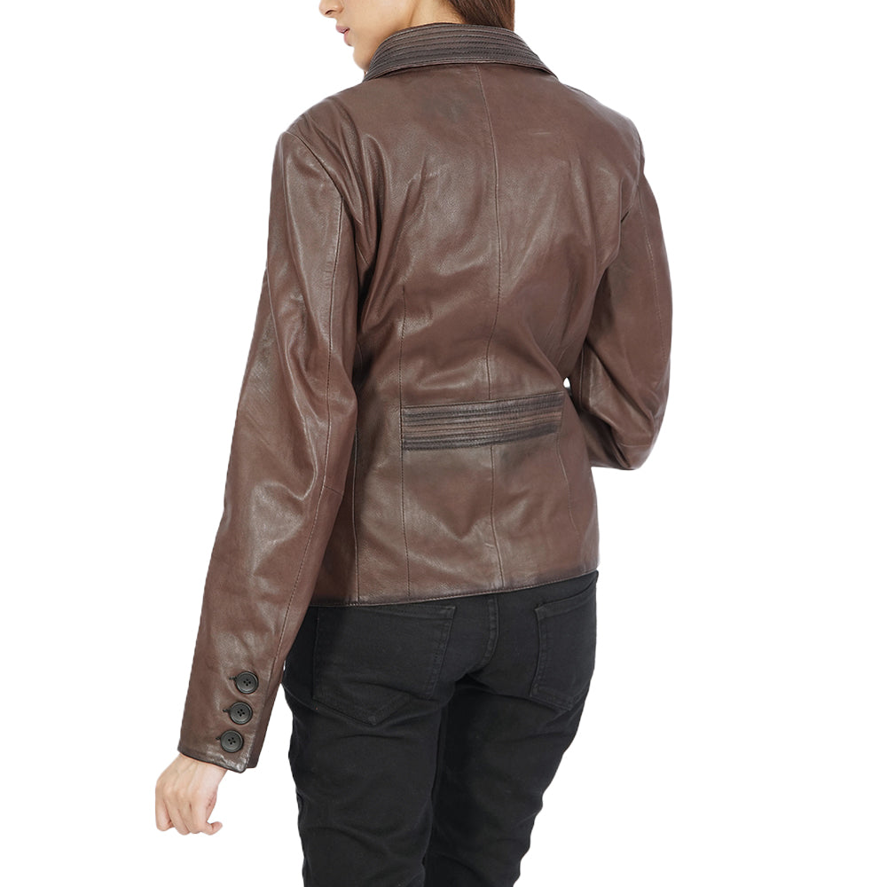 The back view of a woman wearing a Josie Blazer Brown Leather Jacket