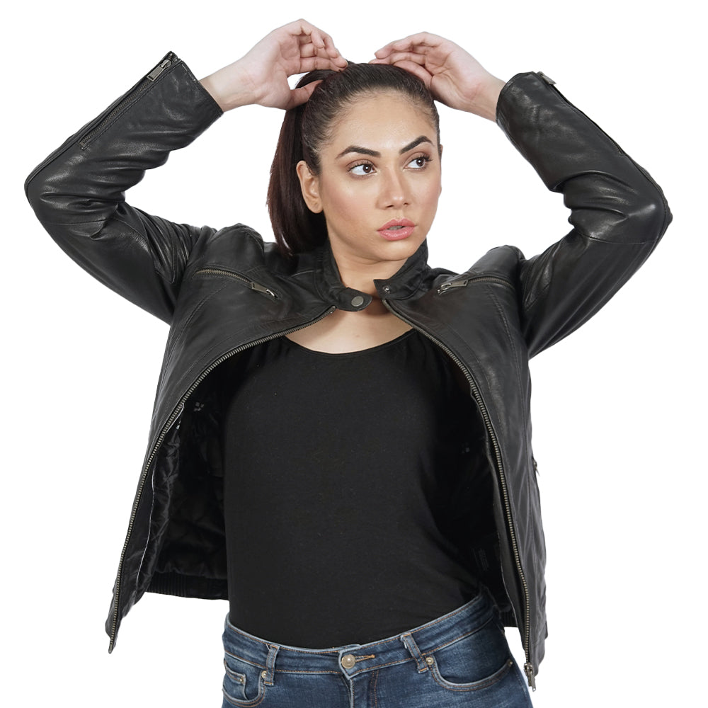 A Women Wearing Miak Biker Black Leather Jacket