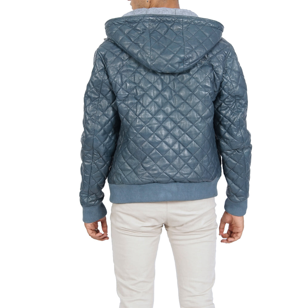 Diamond Quilted Hooded Blue Leather Jacket