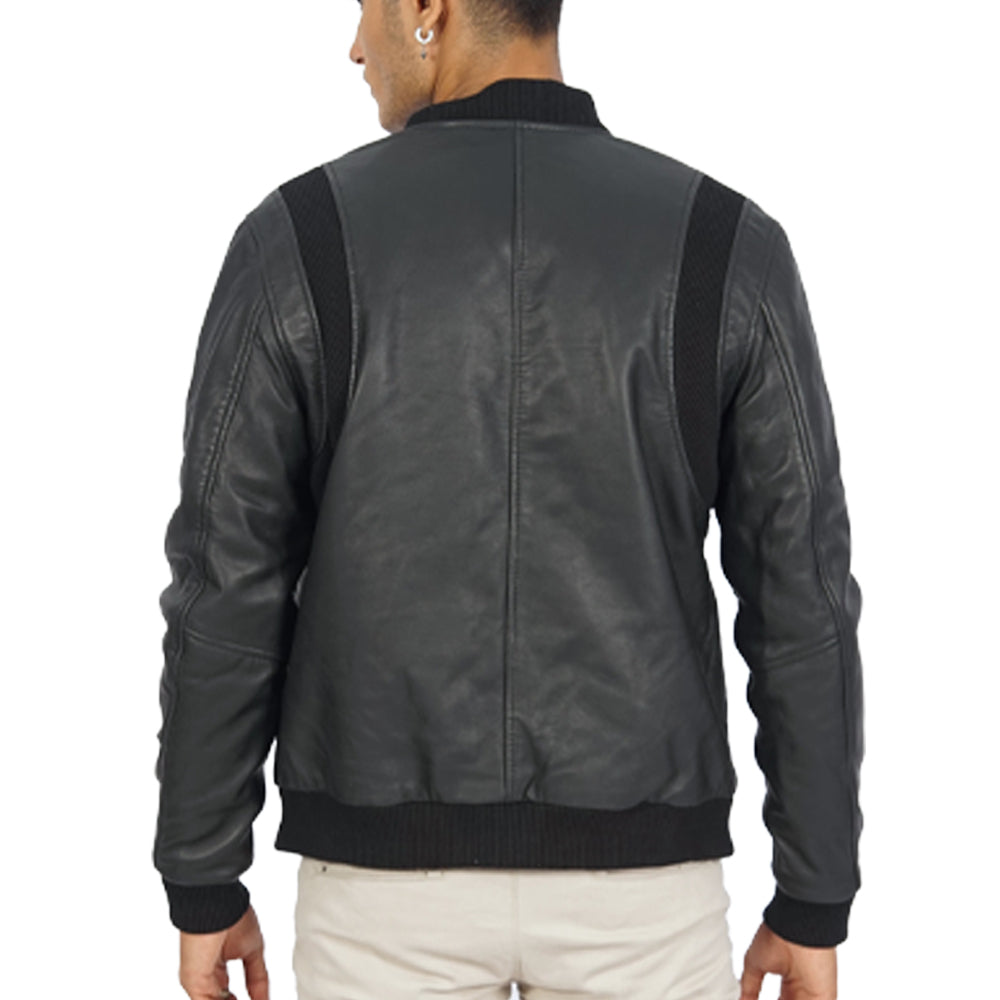 A backview of showing Charlie Black Leather Bomber Jacket for men
