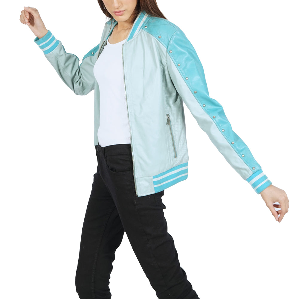 A woman wearing a blue leather bomber jacket.