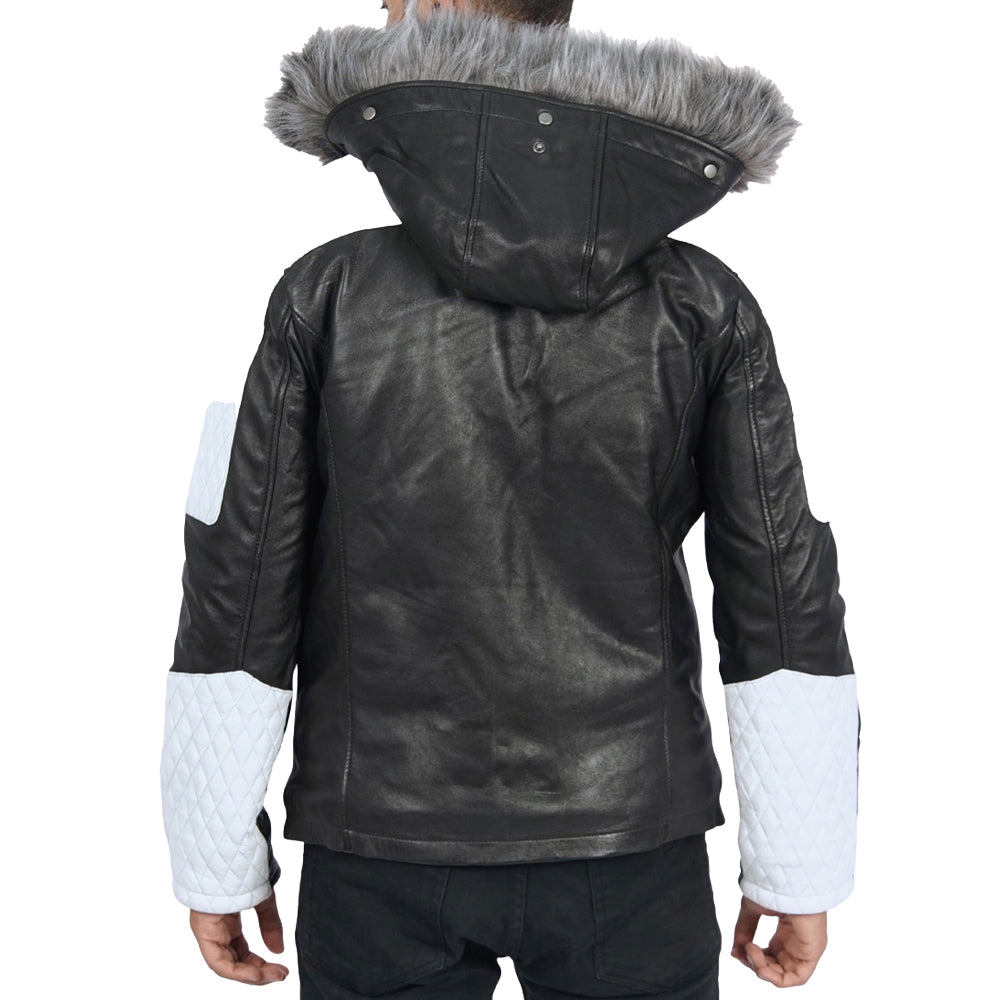 The back view of a man sporting a Brentiny Hooded Leather Jacket