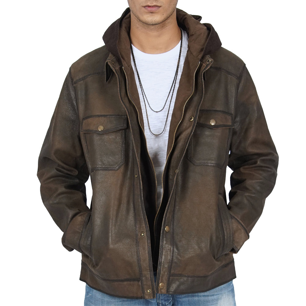 A man wearing a vintage dark brown leather jacket