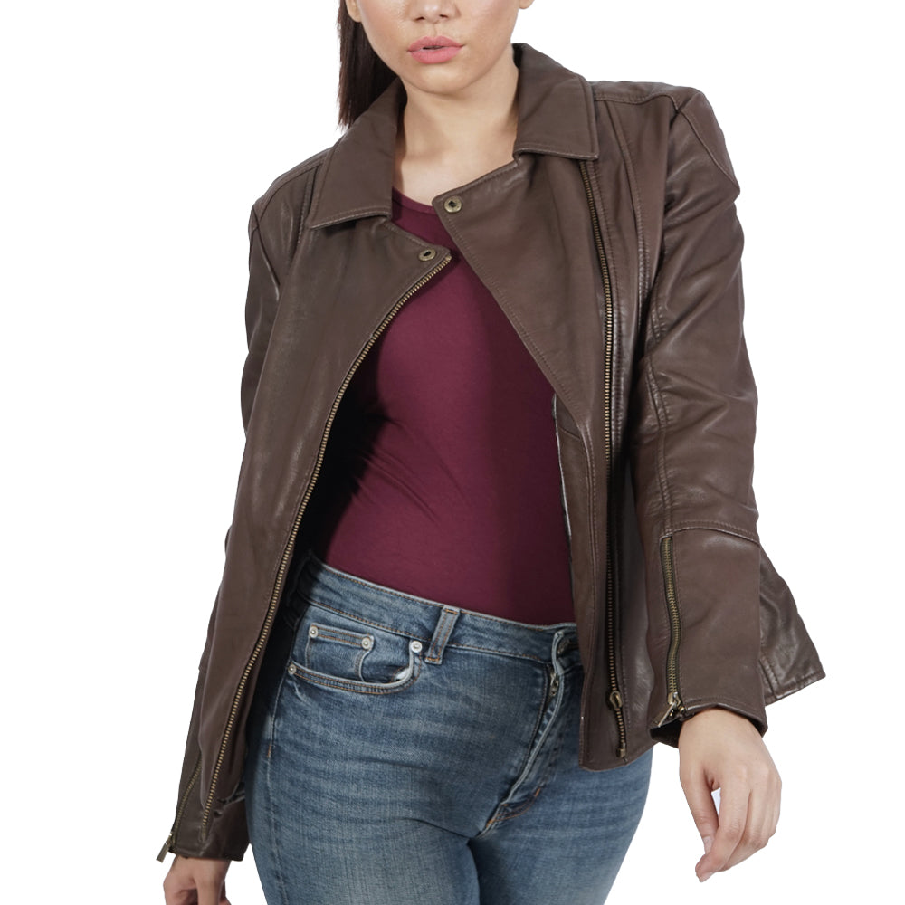 A Women wearing Zipper Brown Leather Jacket