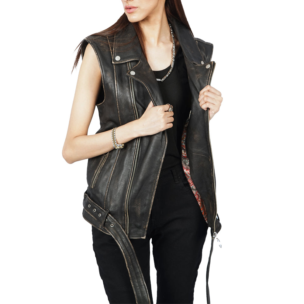A woman wearing a Ash black leather vest Jacket.