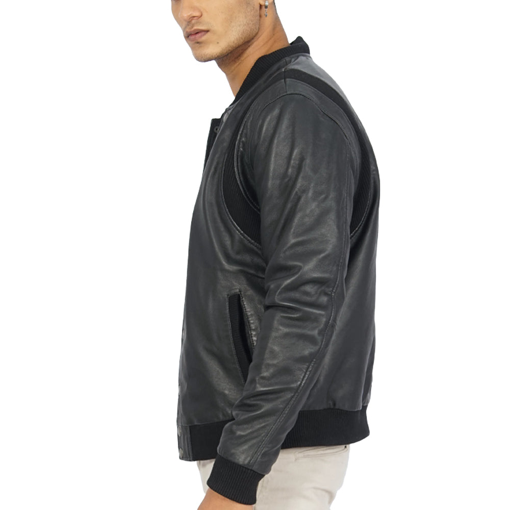 A man showing Charlie Black Leather Bomber Jacket for men